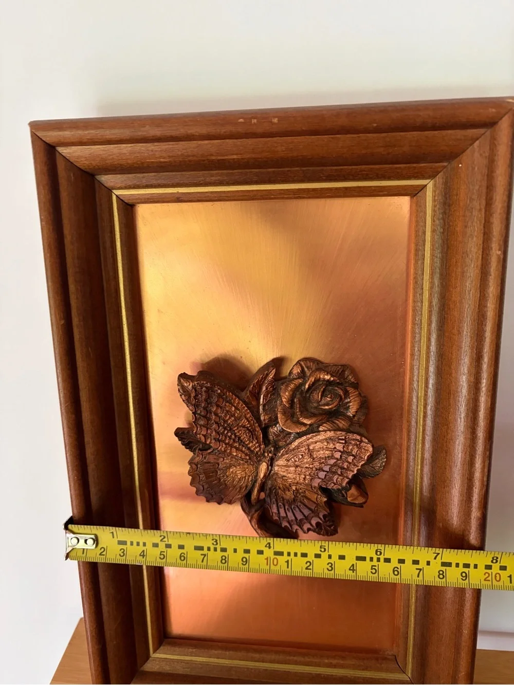 Vintage Mid Century Wood Framed Butterfly & Rose 3D Wall Art Copper Sculpture
